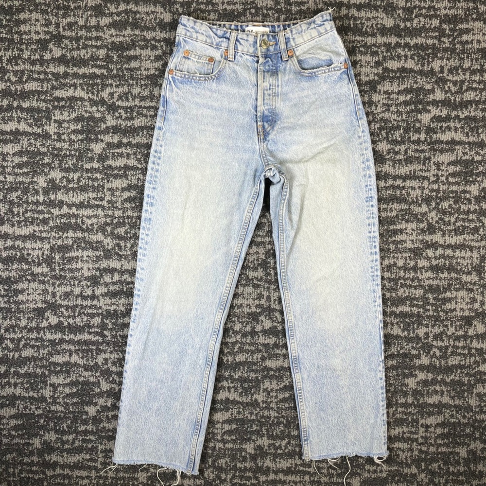 Zara Straight Leg Jeans Womens 2 Light Wash Blue High Rise Button Fly Raw Hem